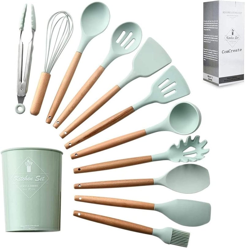 Home Brand Silicone Cooking Kitchen 12PCS Wooden Utensils Tool for Nonstick Cookware, Set with Bamboo Wood Handles Cookware Non-Toxic Turner Tongs Spatula Spoon Green - Image 1